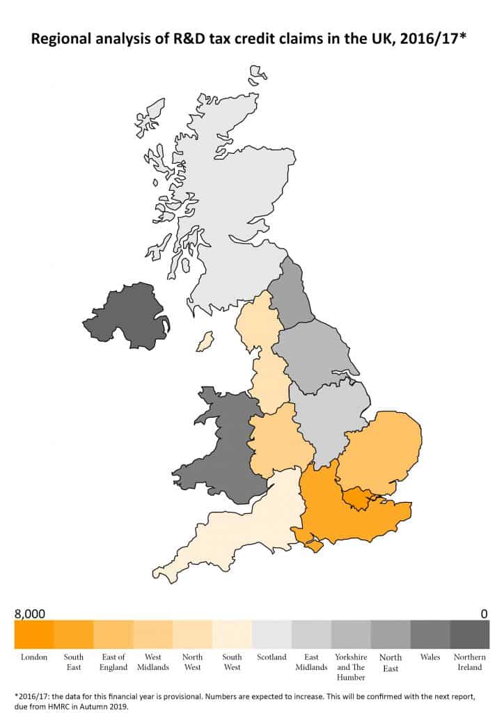 Regional analysis of R&D tax credit claims in the UK, (2016/17)